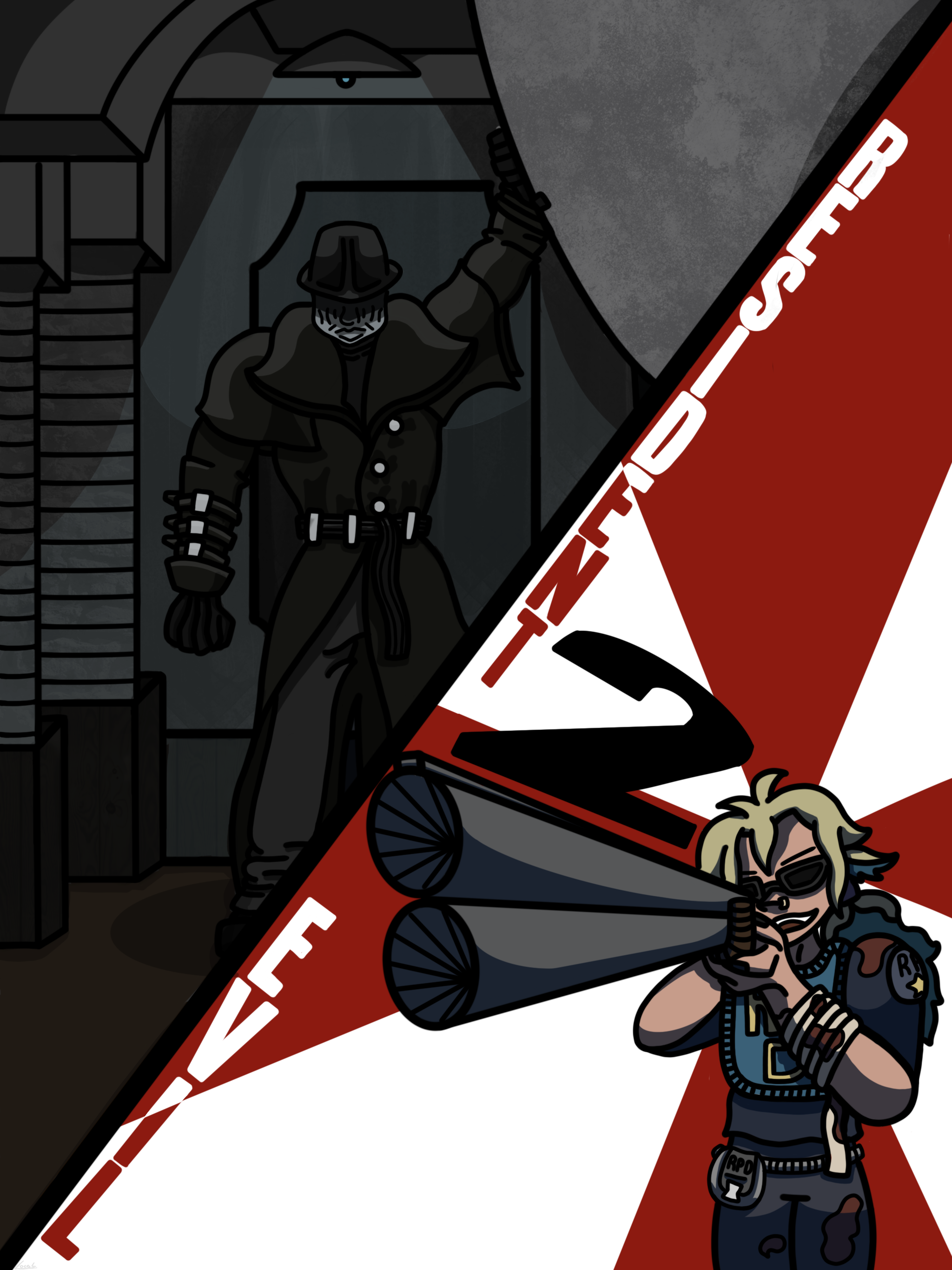 Digital art of Vee facing off against Mr. X from the Resident Evil franchise. Mr. X is lifting the crashed helicopter out of the hallway while Vee is holding a shotgun aiming towards him.